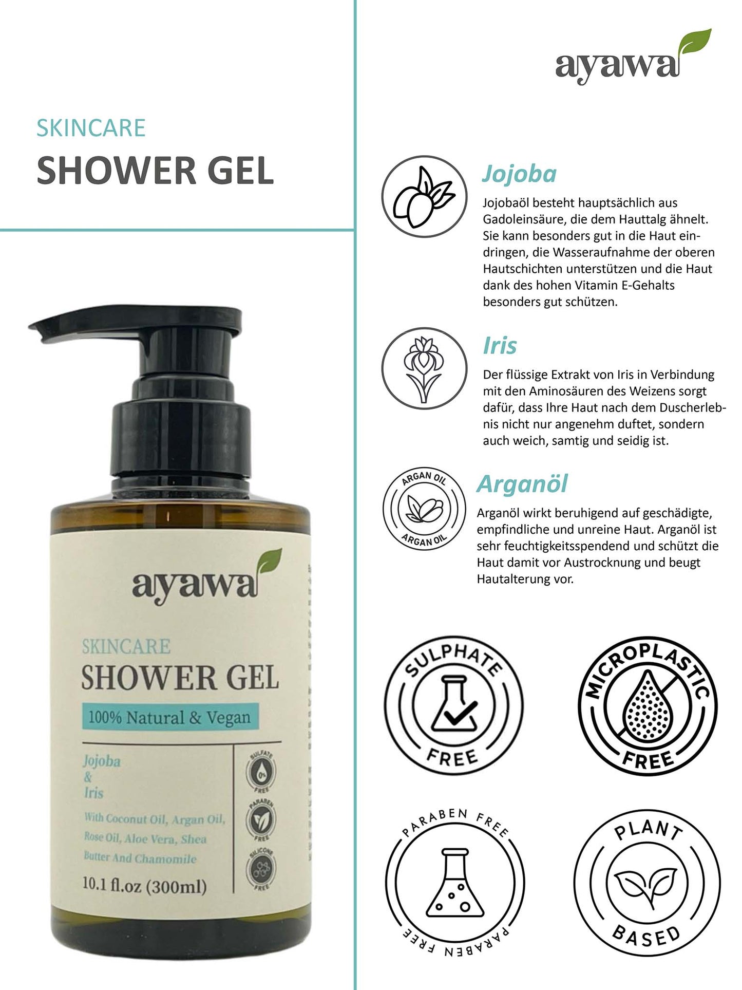 natürliches und veganes Duschgel mit Jojoba- und Irisduft ohne Mikroplastik oder Sulfate (Übersicht Eigenschaften)