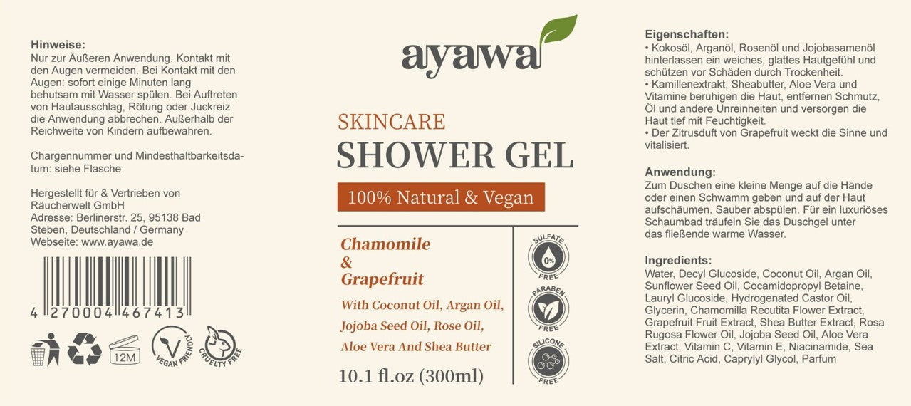 natürliches und veganes Duschgel mit Kamille- und Grepefruitduft ohne Mikroplastik oder Sulfate (Etikett)