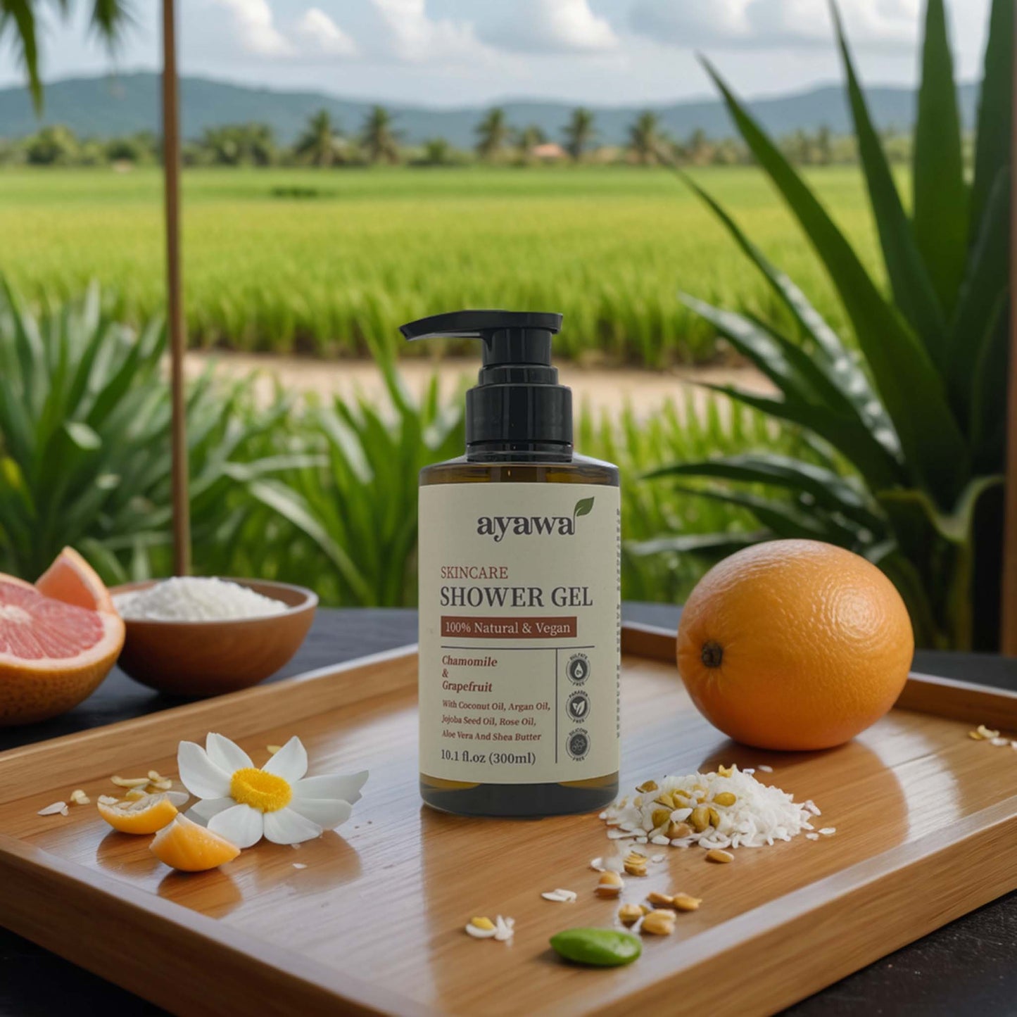 natürliches und veganes Duschgel mit Kamille- und Grepefruitduft ohne Mikroplastik oder Sulfate (Stimmungsbild)
