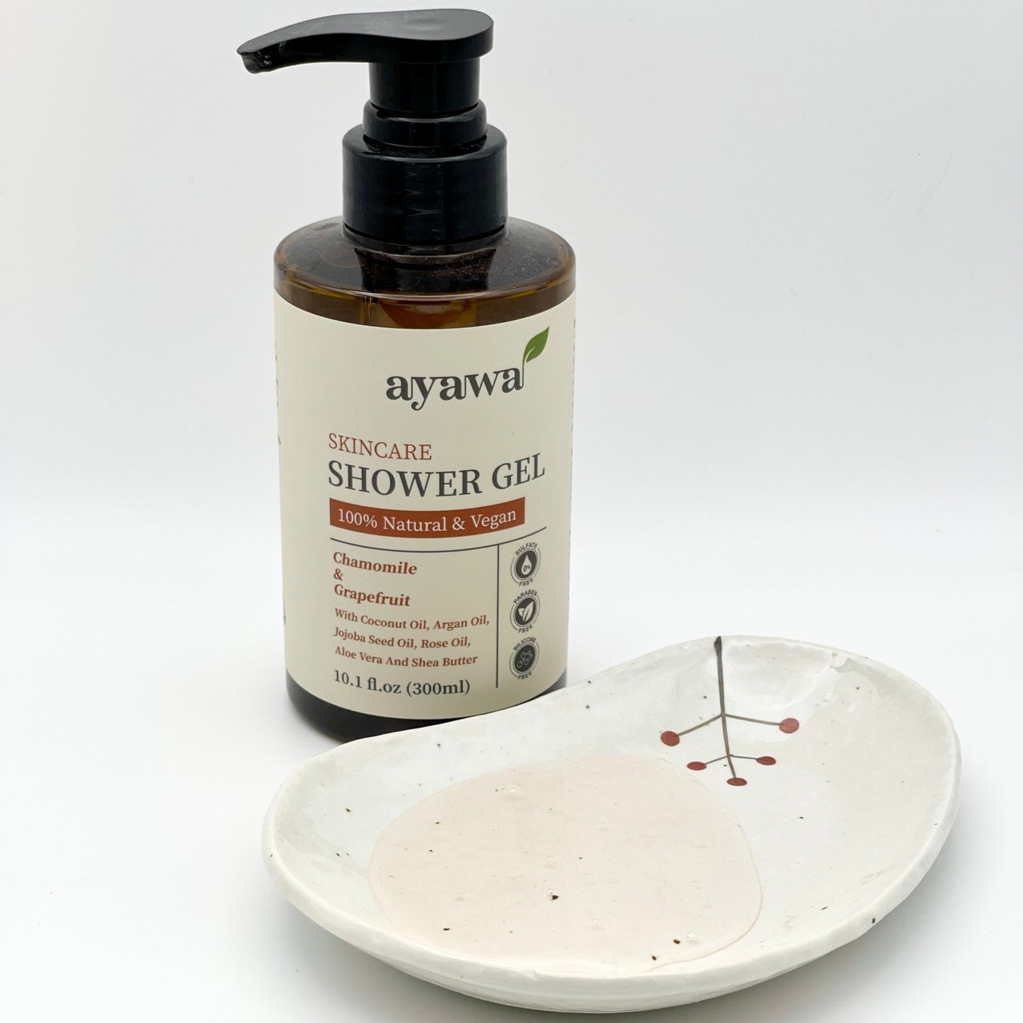 natürliches und veganes Duschgel mit Kamille- und Grepefruitduft ohne Mikroplastik oder Sulfate (mit Produktprobe in Schale)