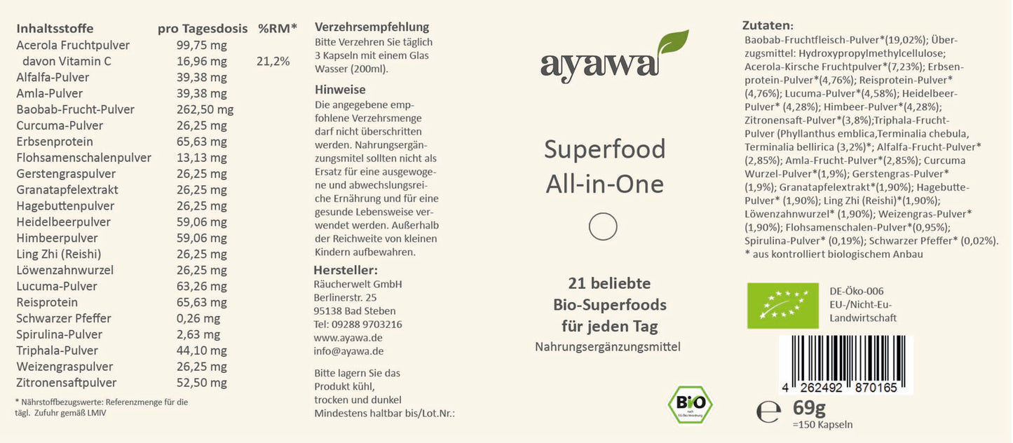 Bio-Nachrungsergänzungsmittel mit Superfoods wie Baobab, Acerola und Reisprotein