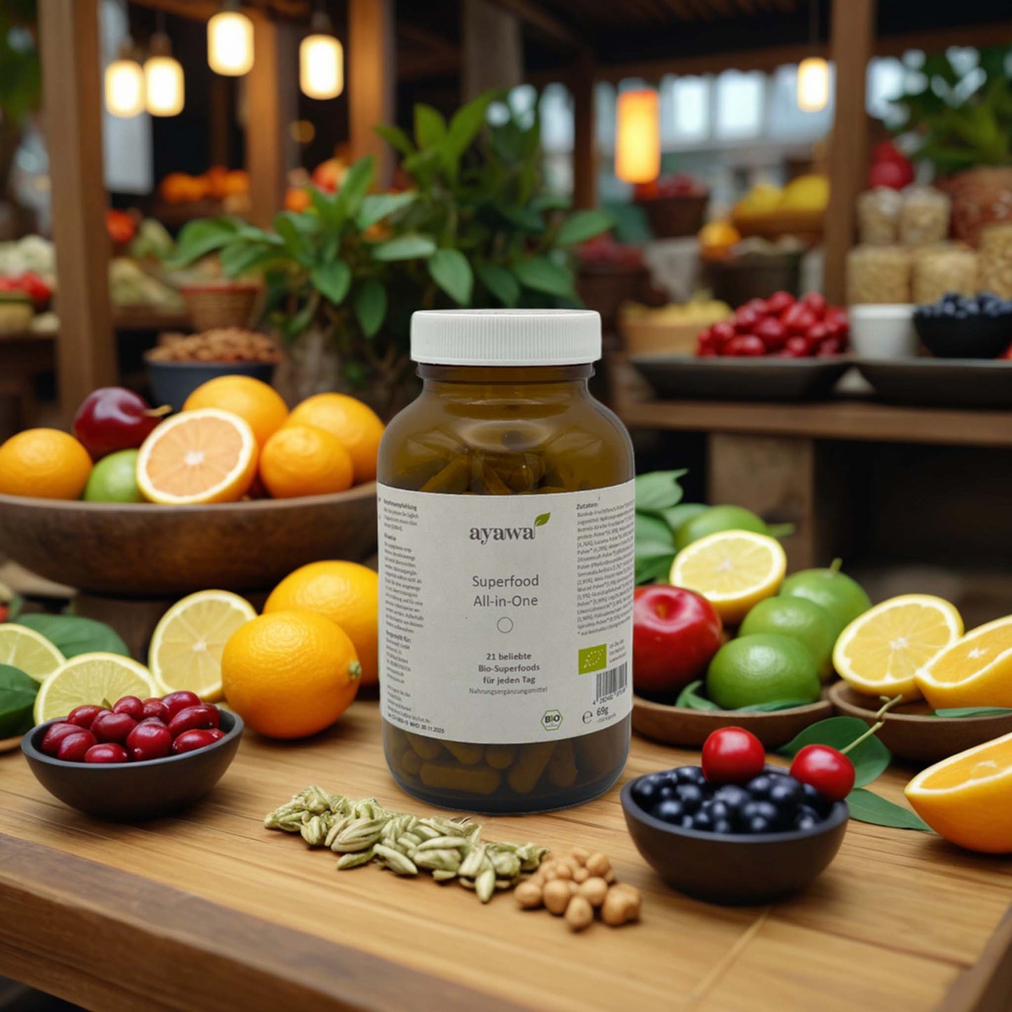 Bio-Nachrungsergänzungsmittel mit Superfoods wie Baobab, Acerola und Reisprotein