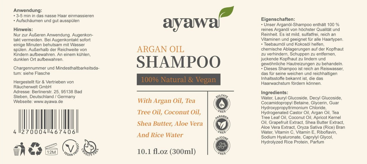 natürliches und veganes Shampoo mit Arganöl und Reiswasser ohne Mikroplastik oder Sulfate (Etikett)