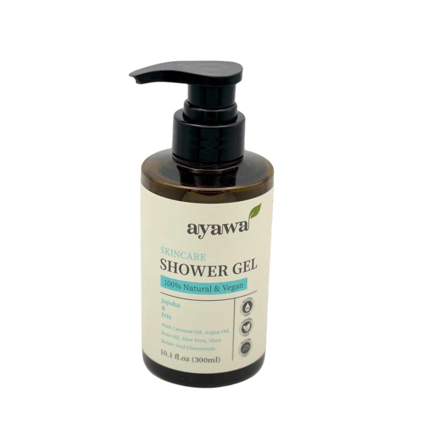 natürliches und veganes Duschgel mit Jojoba- und Irisduft ohne Mikroplastik oder Sulfate (schräge Aufnahme)