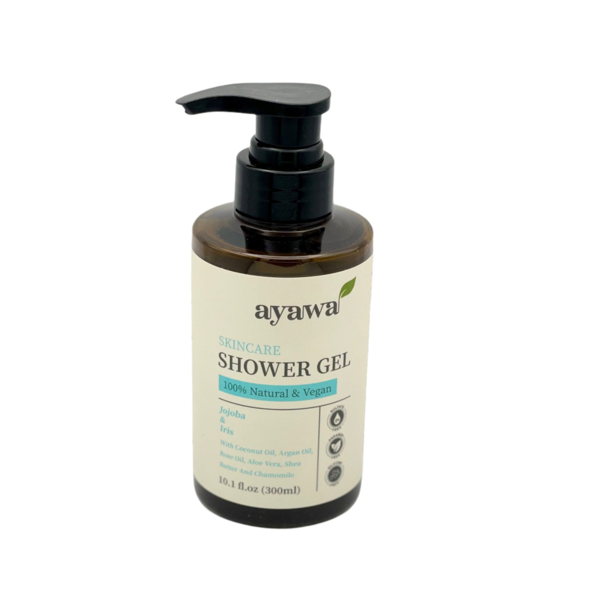 natürliches und veganes Duschgel mit Jojoba- und Irisduft ohne Mikroplastik oder Sulfate (schräge Aufnahme)