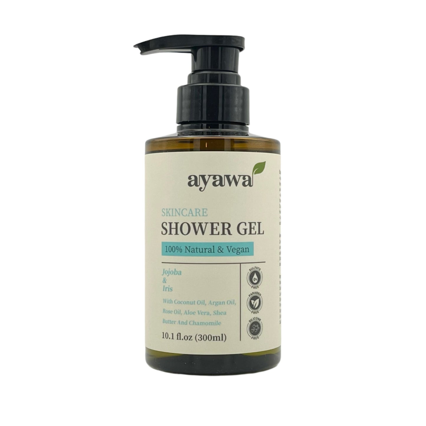 natürliches und veganes Duschgel mit Jojoba- und Irisduft ohne Mikroplastik oder Sulfate (frontale Aufnahme)