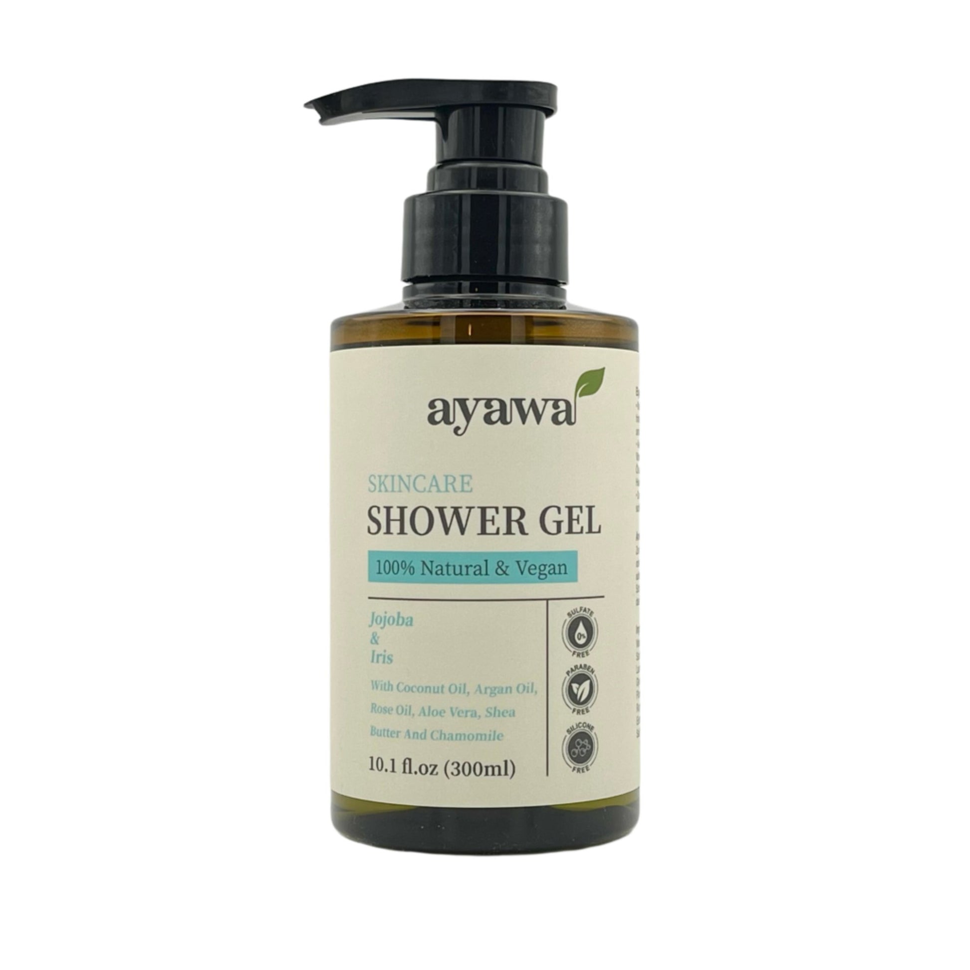 natürliches und veganes Duschgel mit Jojoba- und Irisduft ohne Mikroplastik oder Sulfate (frontale Aufnahme)