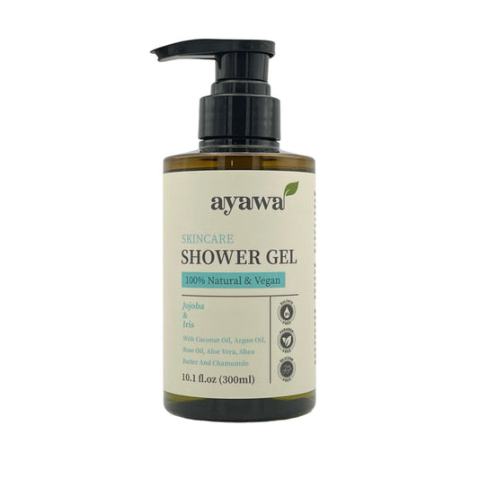 natürliches und veganes Duschgel mit Jojoba- und Irisduft ohne Mikroplastik oder Sulfate (frontale Aufnahme)