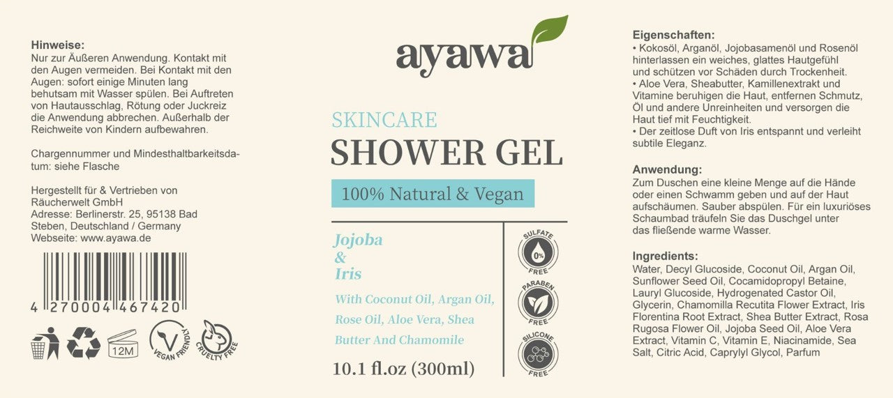 natürliches und veganes Duschgel mit Jojoba- und Irisduft ohne Mikroplastik oder Sulfate (Etikett)