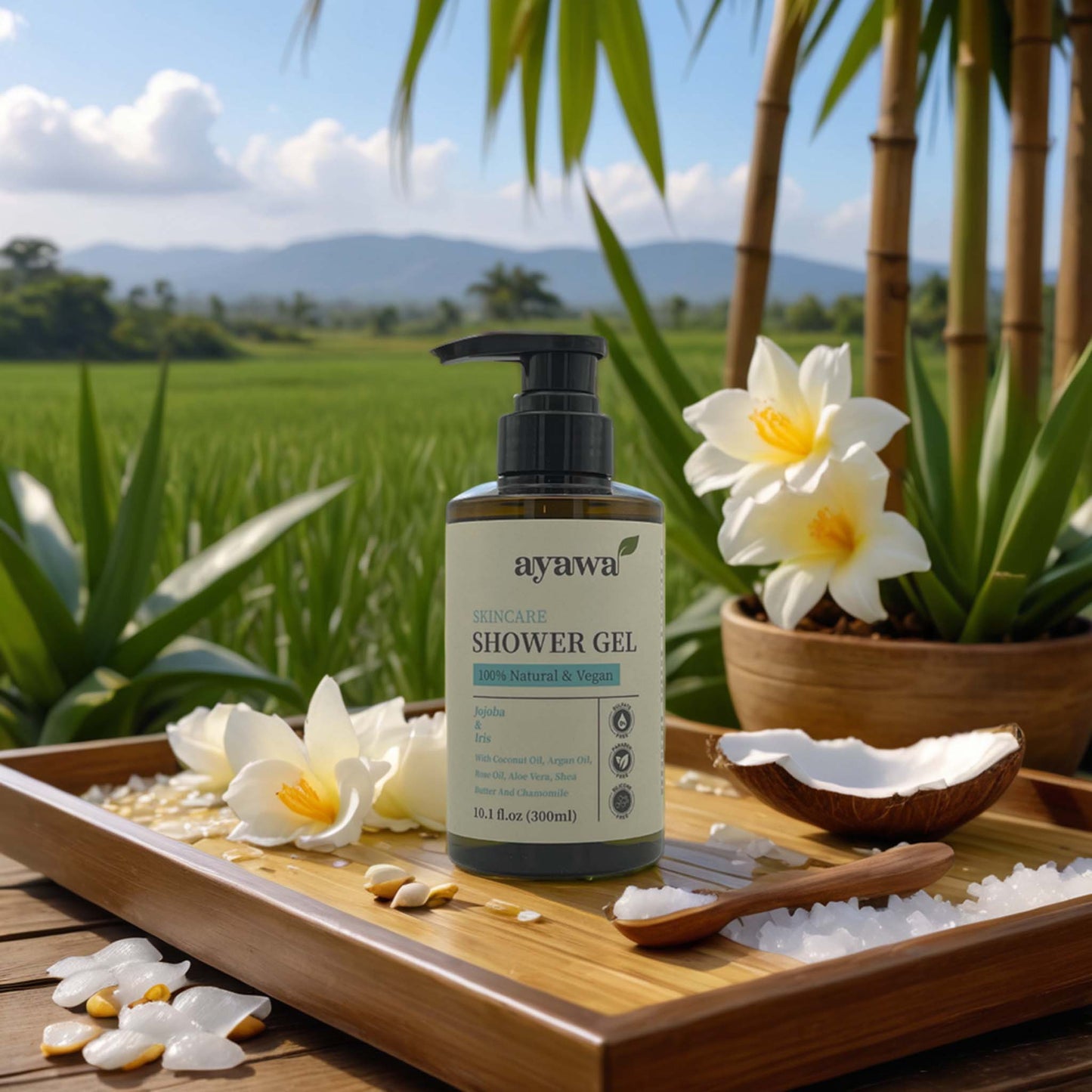 natürliches und veganes Duschgel mit Jojoba- und Irisduft ohne Mikroplastik oder Sulfate (Stimmungsbild)
