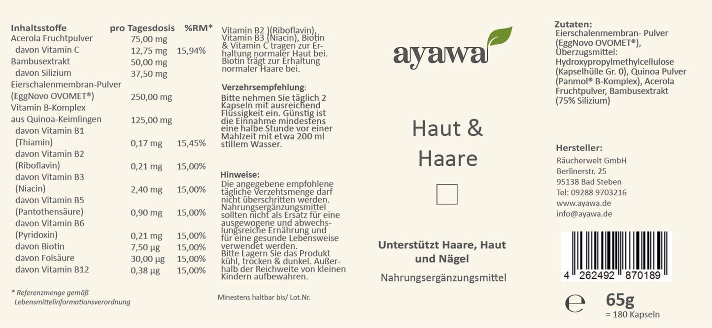 Bio-Nachrungsergänzungsmittel für die Unterstützung und Heilung von Haut, Haaren und Nägeln mit Quinoa, Acerola und Bambusextrakt