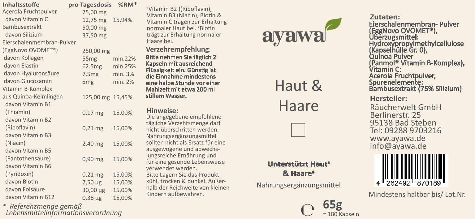 Bio-Nachrungsergänzungsmittel für die Unterstützung und Heilung von Haut, Haaren und Nägeln mit Quinoa, Acerola und Bambusextrakt
