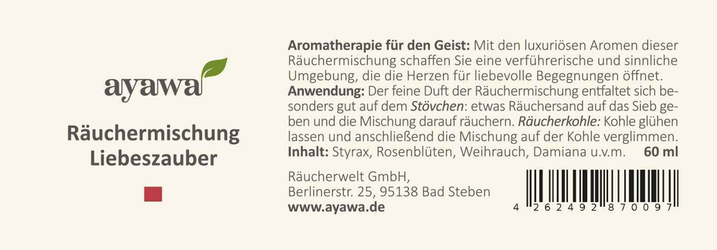 nachhaltige Räuchermischung für eine leidenschaftliche Aromatherapie mit Kräutern aus dem Allgäu (Thema: Liebeszauber)