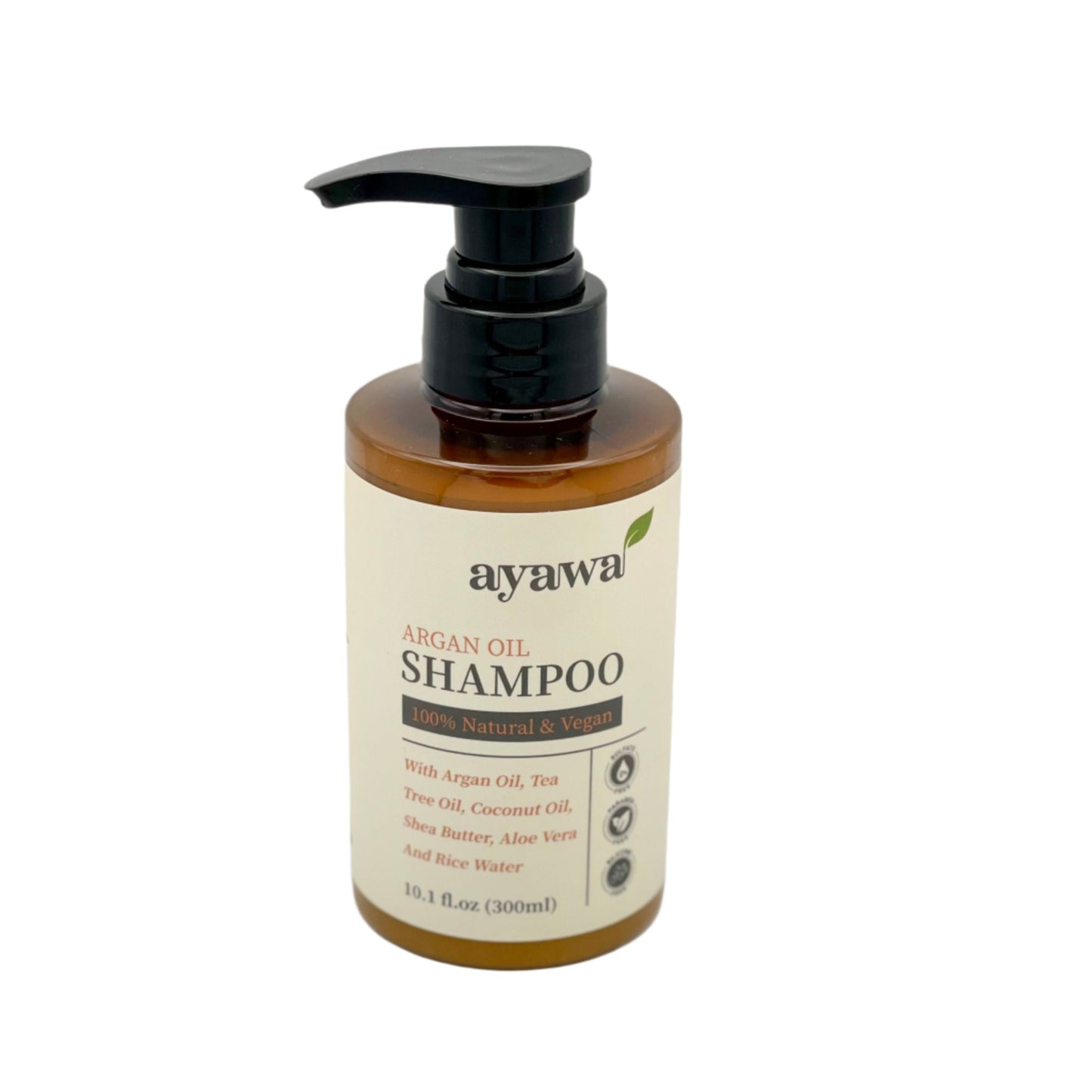 natürliches und veganes Shampoo mit Arganöl und Reiswasser ohne Mikroplastik oder Sulfate (schräge Aufnahme)
