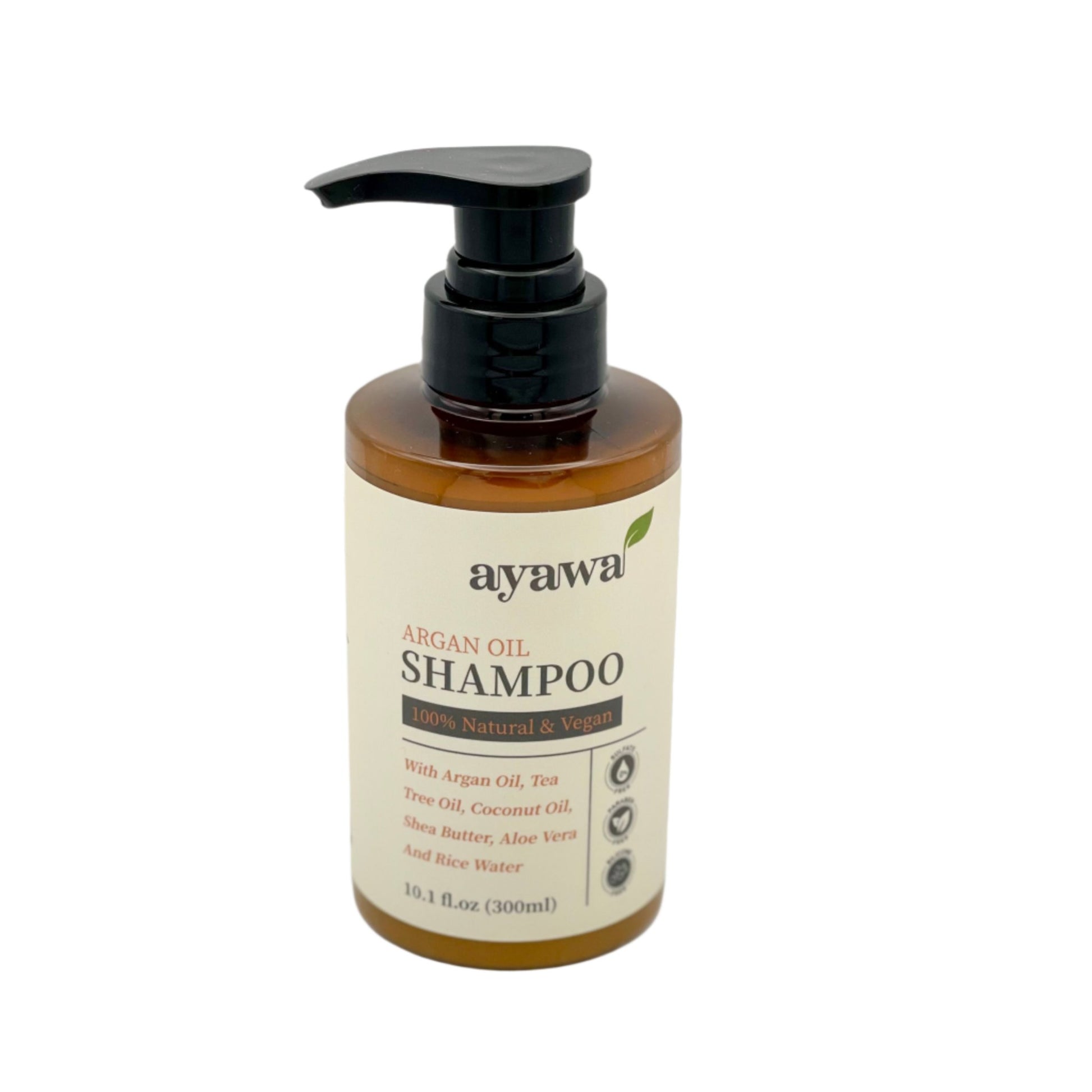 natürliches und veganes Shampoo mit Arganöl und Reiswasser ohne Mikroplastik oder Sulfate (schräge Aufnahme)
