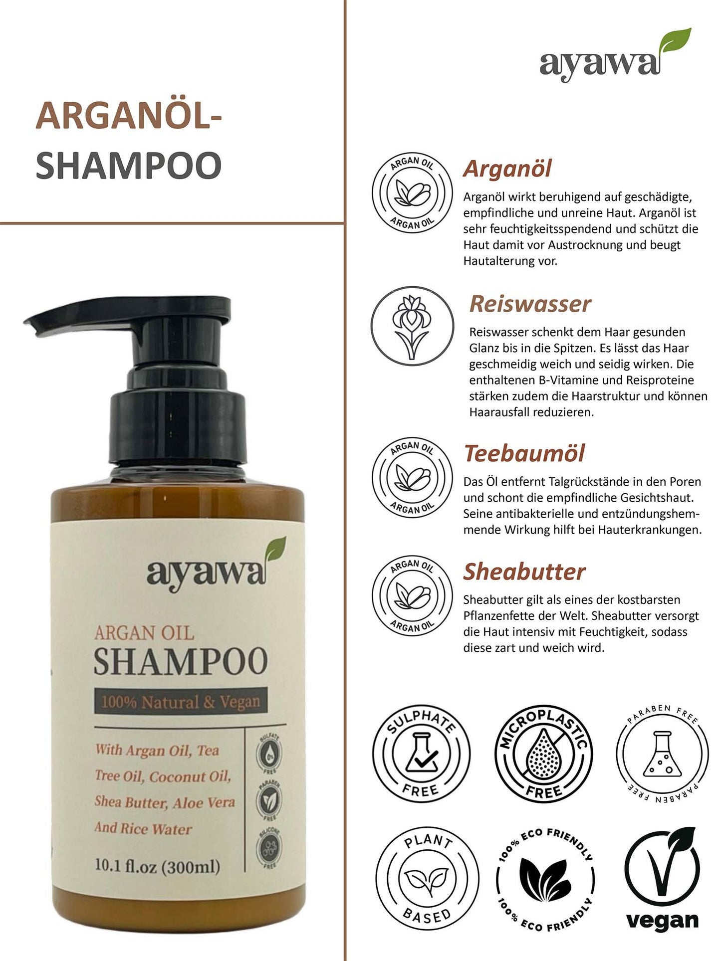 natürliches und veganes Shampoo mit Arganöl und Reiswasser ohne Mikroplastik oder Sulfate (Übersicht Eigenschaften)