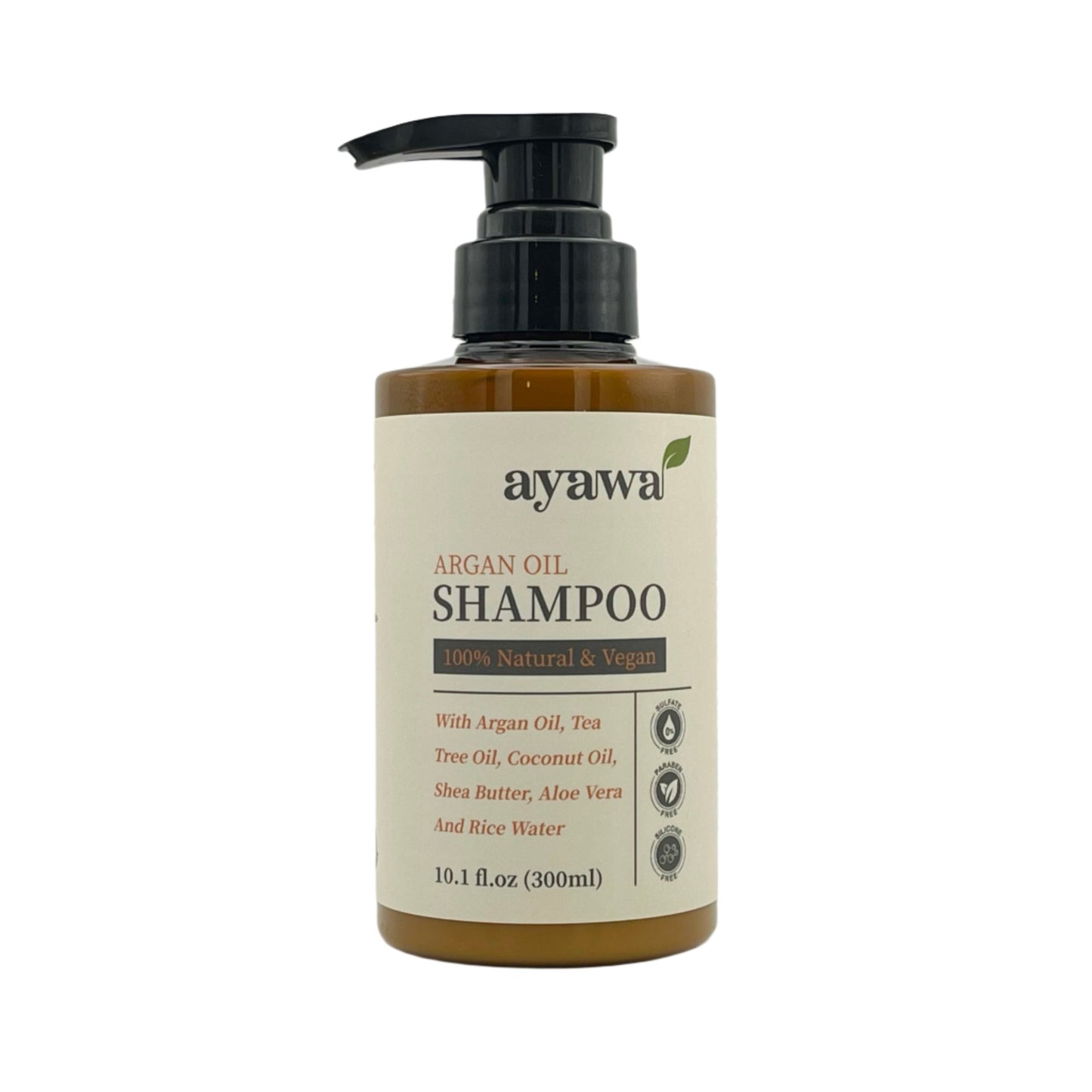 natürliches und veganes Shampoo mit Arganöl und Reiswasser ohne Mikroplastik oder Sulfate (frontale Aufnahme)