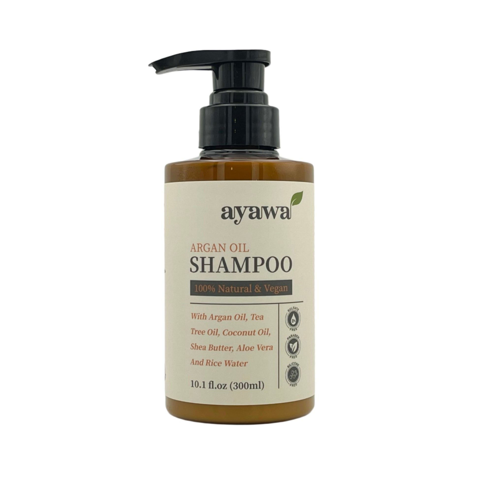 natürliches und veganes Shampoo mit Arganöl und Reiswasser ohne Mikroplastik oder Sulfate (frontale Aufnahme)