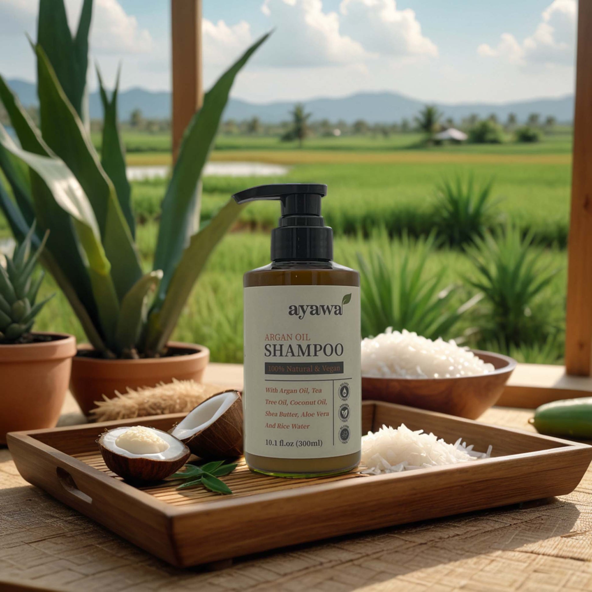 natürliches und veganes Shampoo mit Arganöl und Reiswasser ohne Mikroplastik oder Sulfate (Stimmungsbild)